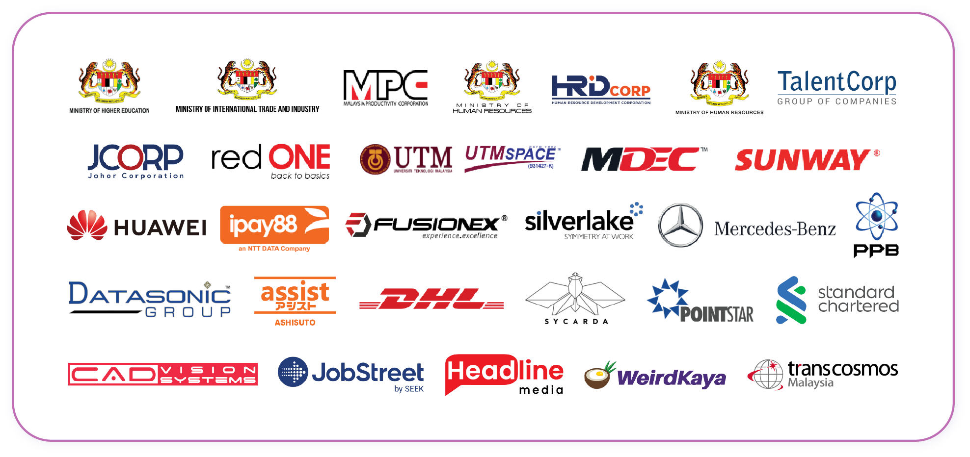 Organisations that have trained with Otti, including the Ministry of Health, MITI, UTM, TalentCorp, Mercedes-Benz, Standard Chartered, DHL, Huawei and Transcosmos